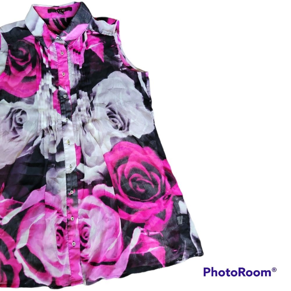 *FEVER* SHEER ROSE SLEEVELESS BUTTON FRONT TOP - M - Picture 4 of 10